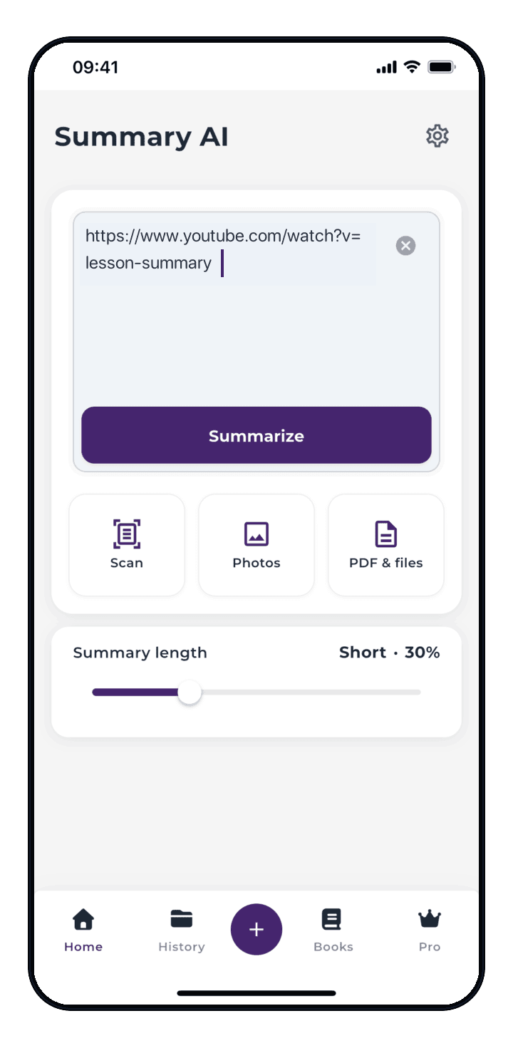 Summary AI app ready to summarize a pasted YouTube link