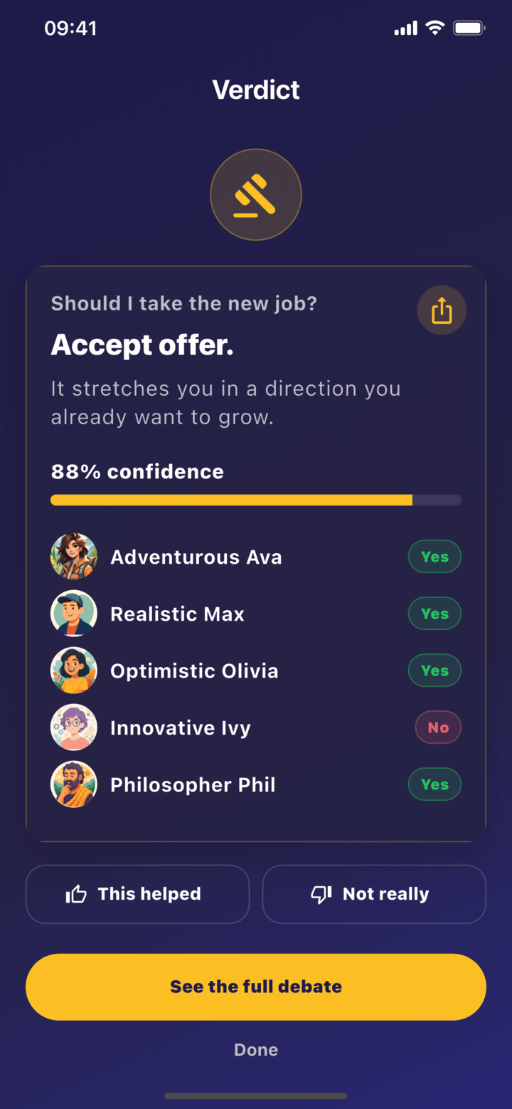 Verdict app result for a new job decision with advisor votes and confidence