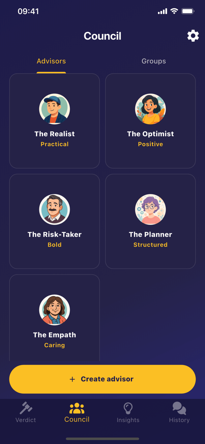 Verdict council screen with advisor cards
