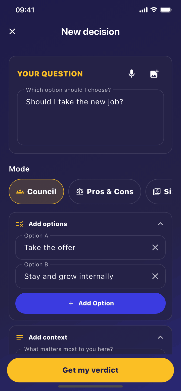 Verdict new decision screen with question, options, mode, and context