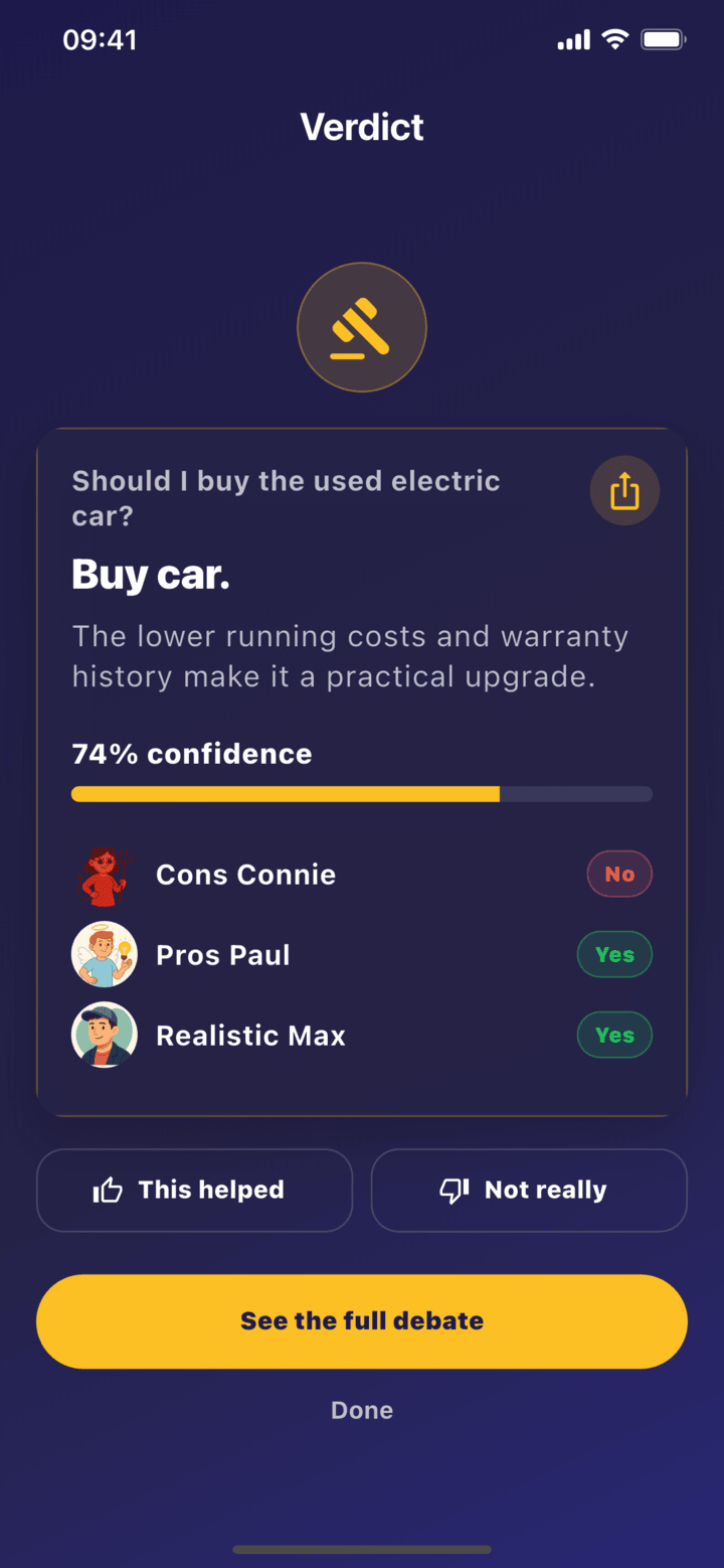 Verdict pros and cons result with confidence and advisor votes