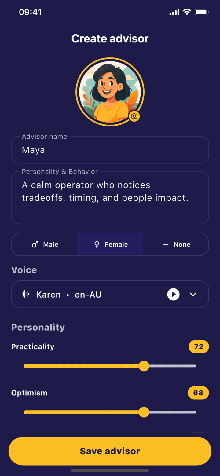 Verdict create advisor screen with personality settings