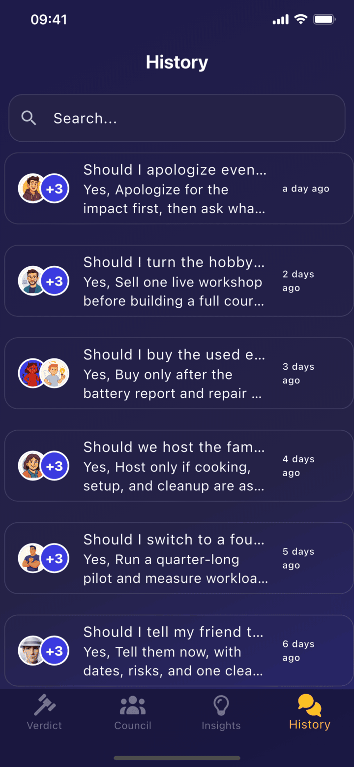 Verdict history screen with previous dilemmas
